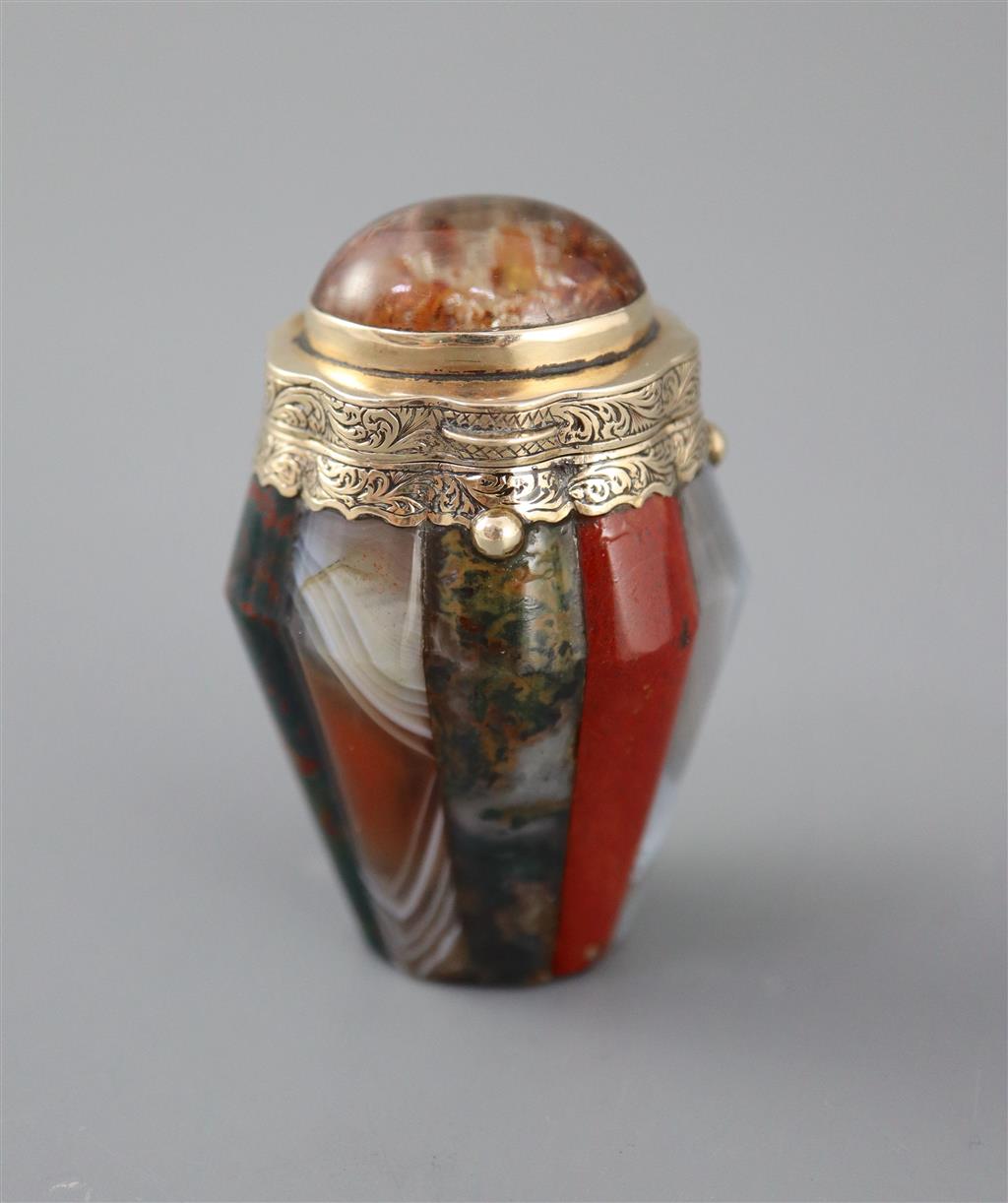 A 19th century engraved gold mounted Scottish hardstone and cabochon set vinaigrette,